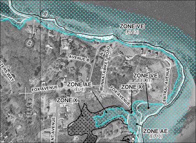 Detail of a coastal Flood Insurance Rate Map showing coastal flood zones