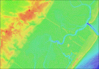 Mesh, or high resolution grid, developed when modeling storm surge using the ADCIRC computer model taken from a computer screen.