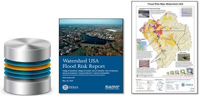 Flood risk product samples including a graphical representation of a database, the cover of a sample Flood Risk Report document and a sample Flood Risk Map prepared by the Federal Emergency Management Agency.