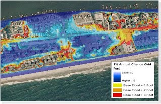 An example of increased inundation areas in a sample coastal area with hypothetical water level increases of 1, 2 and 3 feet as shown on a computer screen.